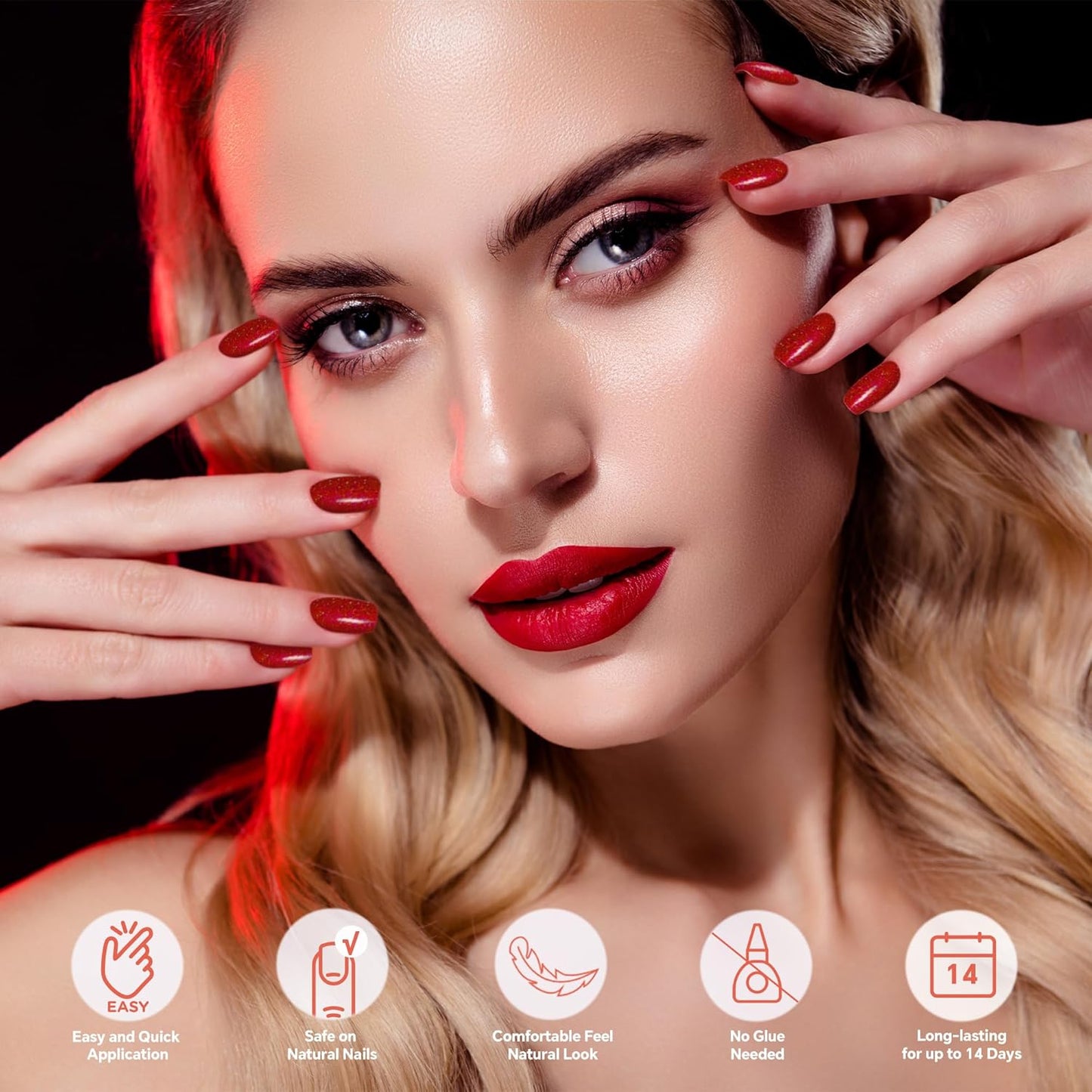 Semi Cured Gel Nail Strips(Red Fine Glitter), UV Light Required, Salon Quality, Easy to Apply & Remove, DIY Nail Art Kits for Women at Home