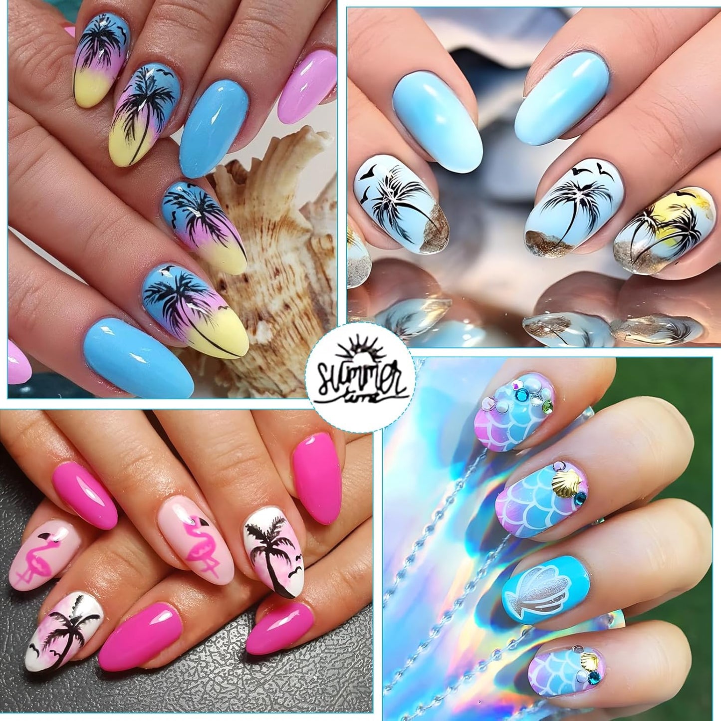 Summer Palm Tree Nail Art Stickers - Glitter Beach Mermaid Self-Adhesive Nail Decals for DIY Anchor Shell Coconut Tree Flamingo Manicure (6 Sheets)