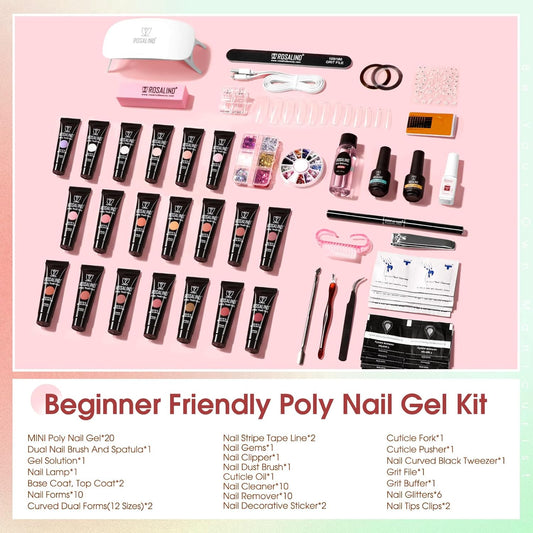 ROSALIND 20PCS White Clear Poly Nails Gel Kit Starter Build er Kit with Slip Solution Pro Nude Pink Nail Extensions Gel Set with Mini UV Lamp Drill Nail Art