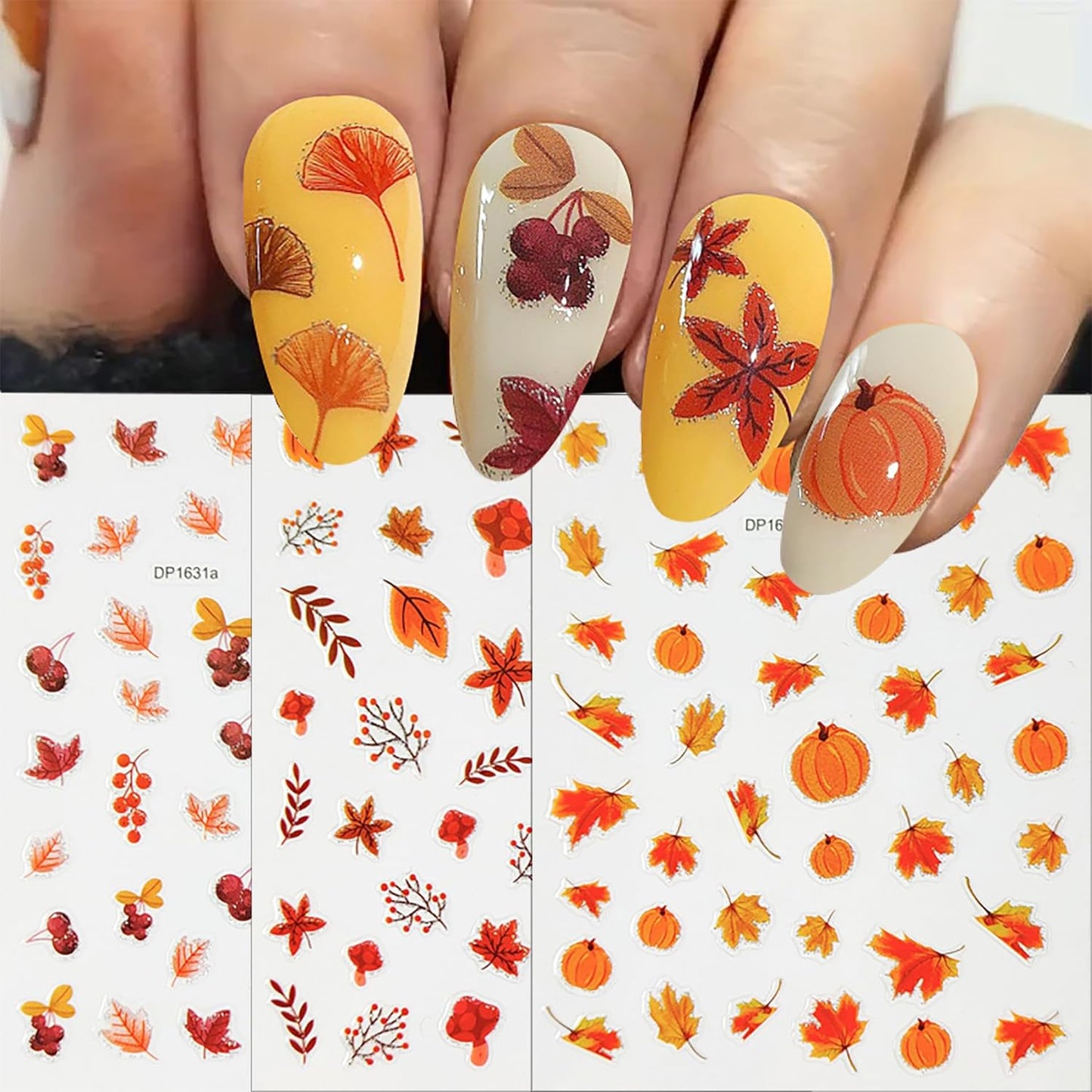 8 Sheets Fall Nail Stickers 3D Self-Adhesive Maple Leaf Nail Art Stickers for Nail Art Pumpkins Leaf Nail Design Autumn Nail Decals Thanksgiving Nail Art Supplies for Women Acrylic Nails Decoration