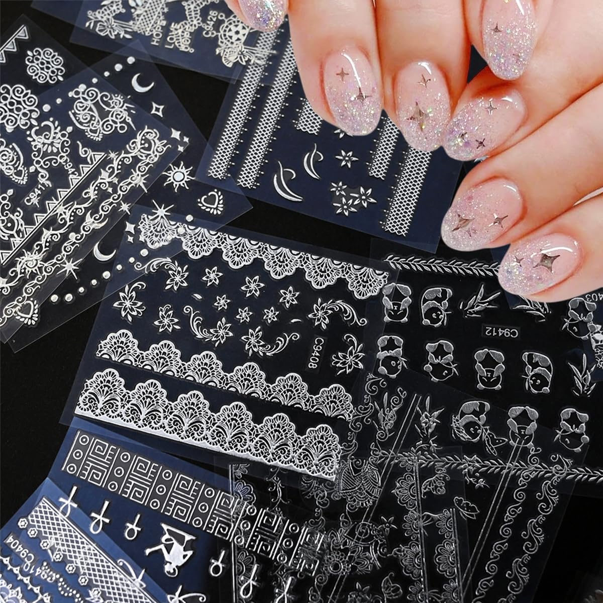 30 Sheets Star Moon Nail Stickers Cute Little Cat Nail Art Stickers 3D Silver Heart Nail Decals Self-Adhesive Retro Nail Supplies Line Flower Leaf Nail Art Design Manicure for Women DIY Acrylic Nails