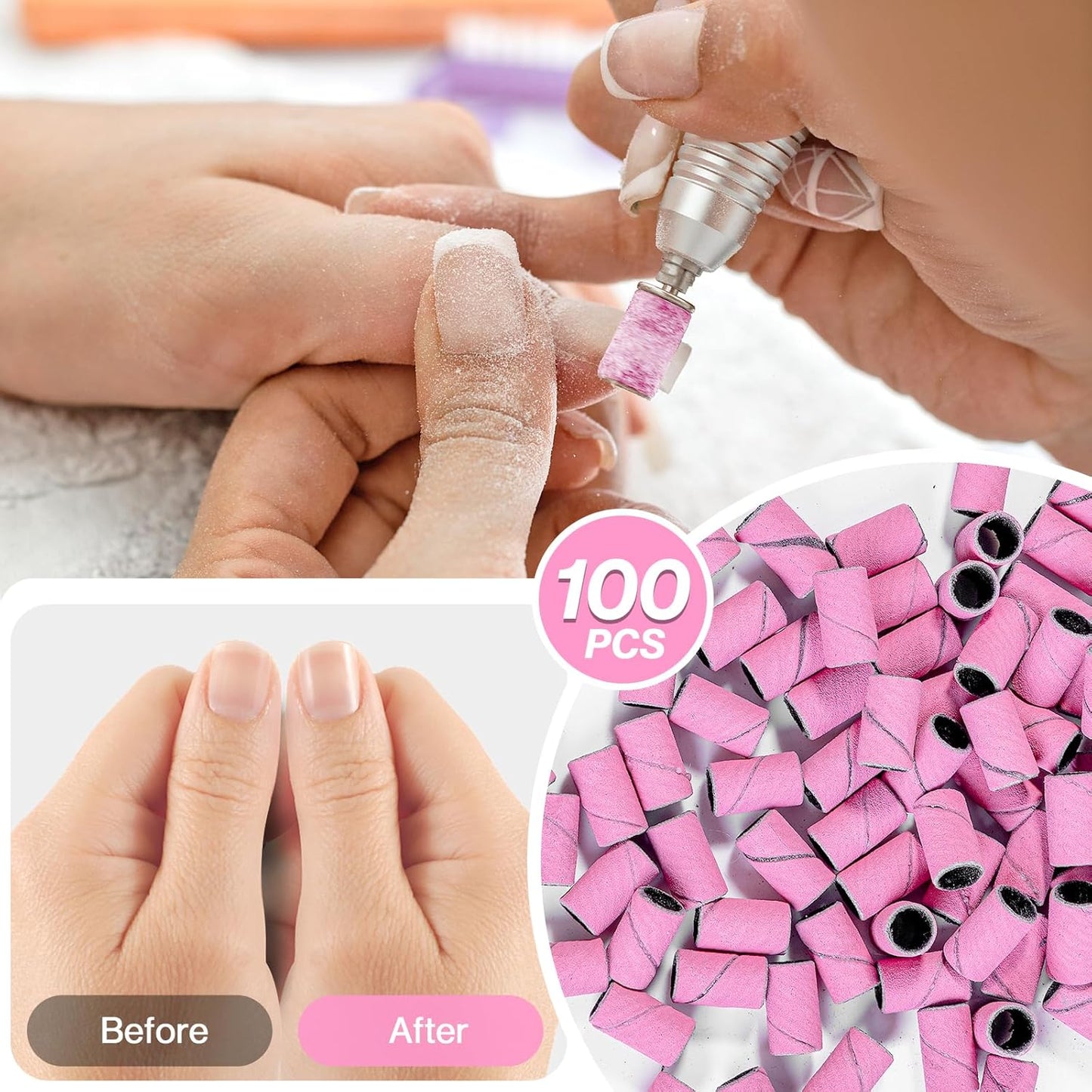 MelodySusie 100 Pcs Nail Drill Bits Sanding Bands for Nail Drill 120 Medium Grit Nail File Sanding Bands for Acrylic Nails Gel Manicures and Pedicure,Light Pink