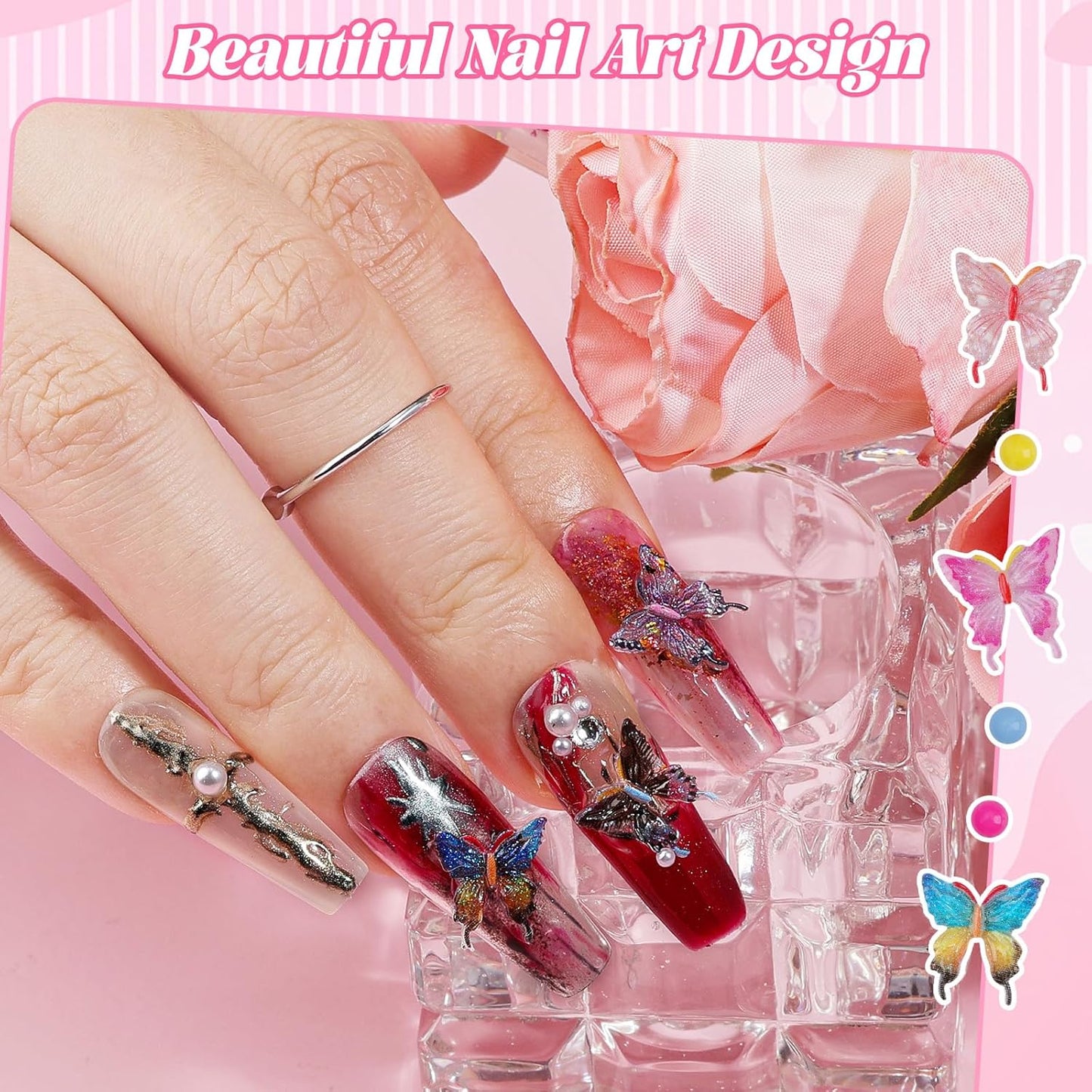 100Pcs Butterfly Nail Charms with 200Pcs Pearls, Colorful 3D Resin Nail Butterfly Charms, White & Macaron Rhinestones for Nail Art, DIY Crafts, Spring Summer Manicure Decoration for Women Girls