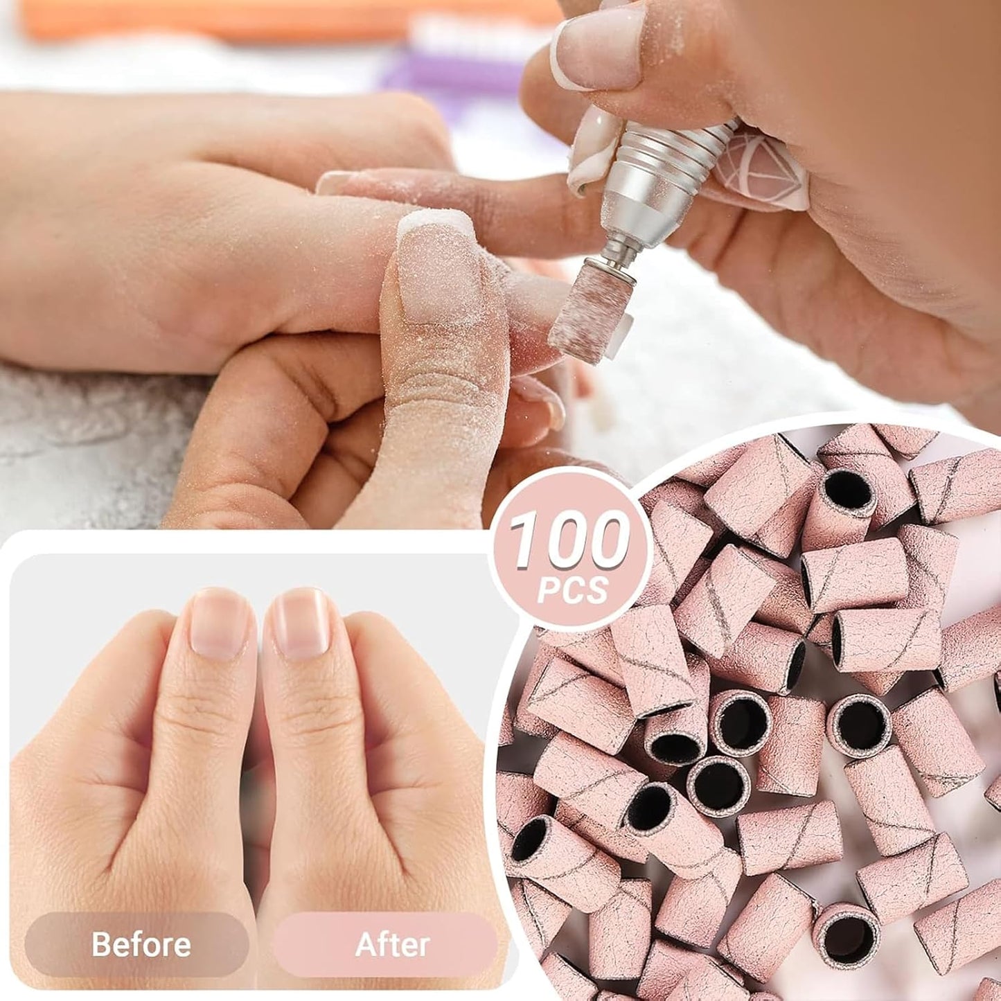 MelodySusie 100 Pcs Nail Drill Bits Sanding Bands for Nail Drill 150 Medium Grit Nail File Sanding Bands for Acrylic Nails Gel Manicures and Pedicure