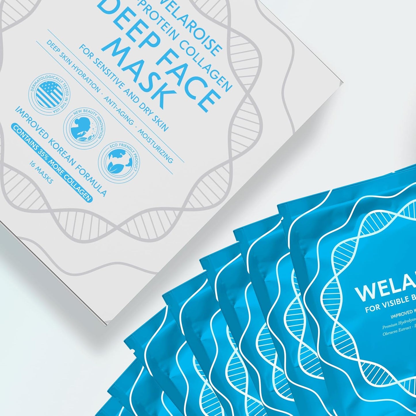 Welaroise Bio Protein Collagen Hydrogel Deep Face Mask - 35% More Collagen, Intense Hydration & Moisturization, Firming, Anti-Aging, Skin Renewal, Korean Skincare (Pack of 16)
