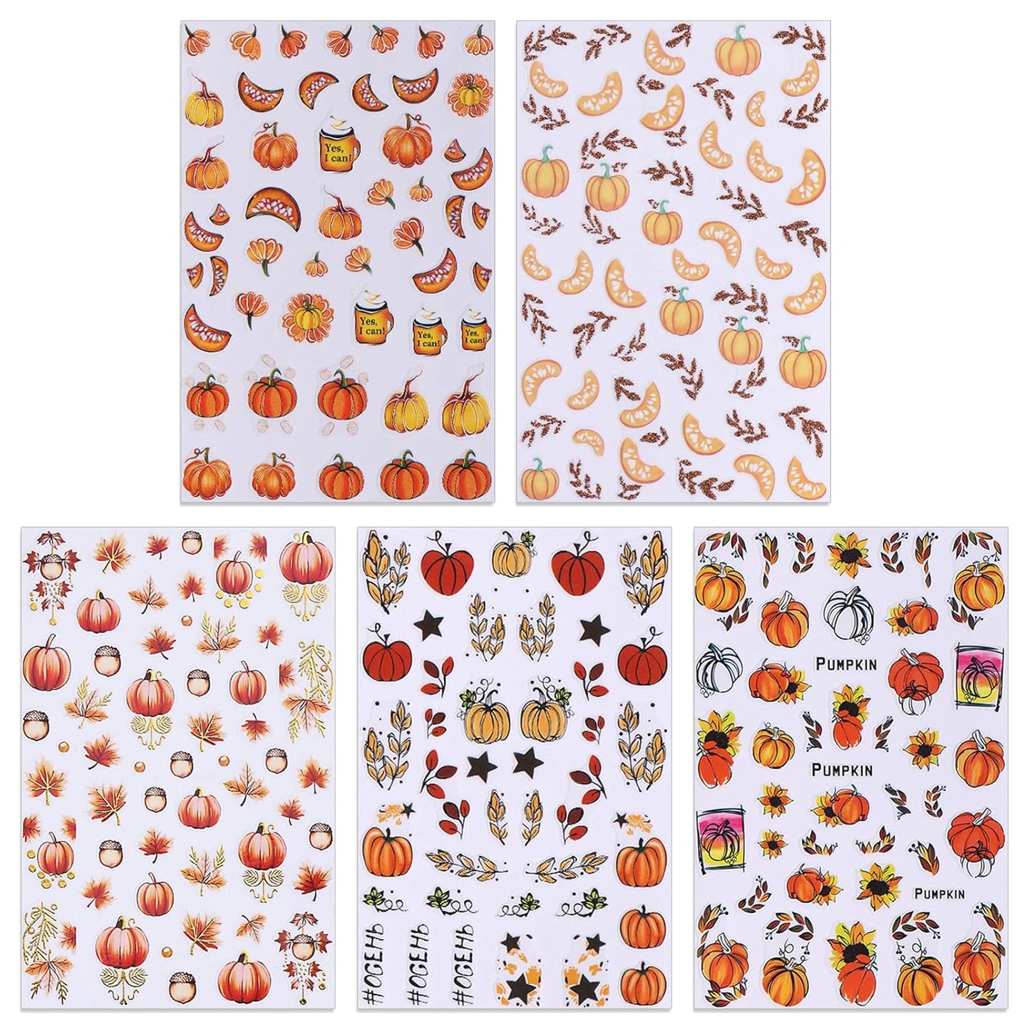 Fall Nail Stickers - Autumn Glitter Pumpkin Leaf Self-Adhesive 3D Nail Decals for Women Girls DIY Thanksgiving Day Manicure (5 Sheets)