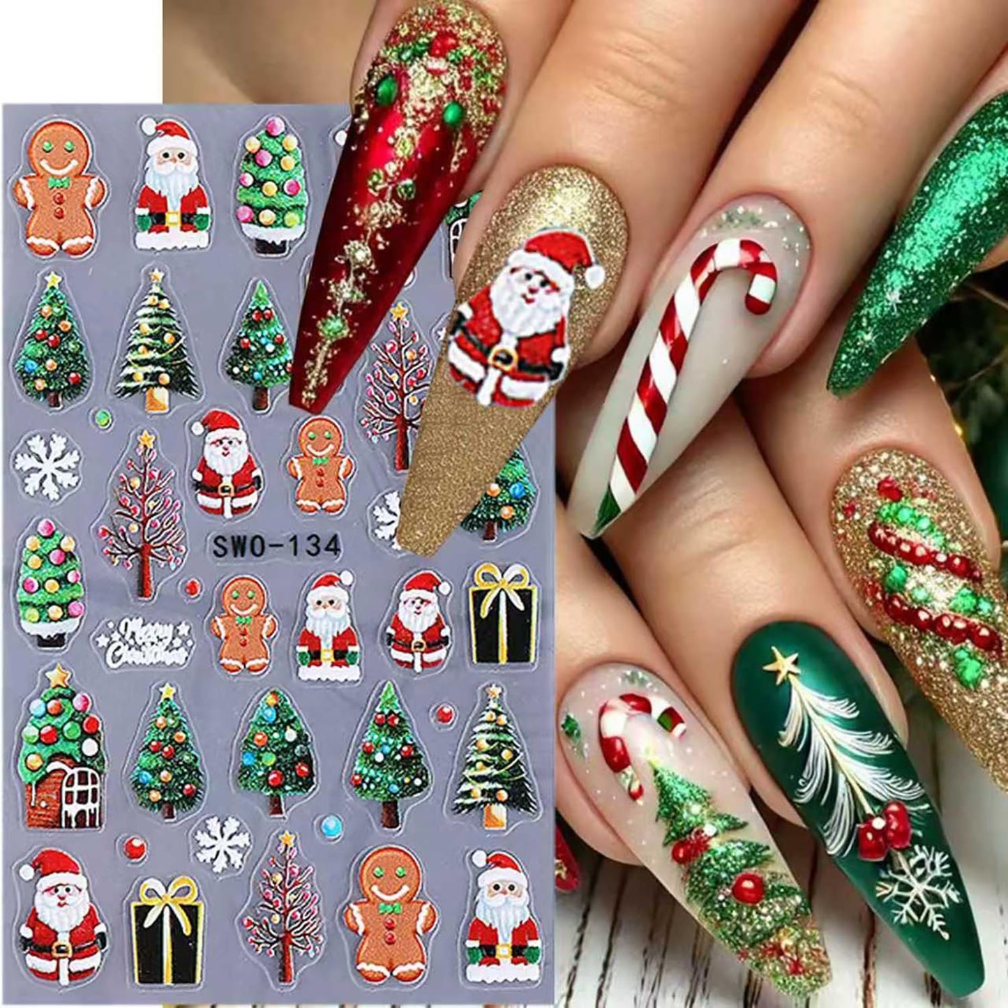 2 Sheets 5D Embossed Christmas Nail Stickers for Nail Art Self-Adhesive Santa Claus Nail Decals Winter Snowman Snowflake Nail Art Stickers Xmas Bow Light Strips Christmas Tree Nail Design for Women
