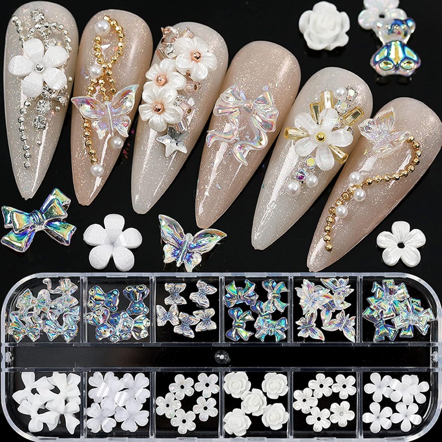 3D Acrylic Butterfly Flowers Bear Nail Charms Art 3D, AB Crystal Rhinestones Multi Shapes Pearl Gold Metal Art, Decal Jewelry Accessories DIY Crafting, 2 Piece Set