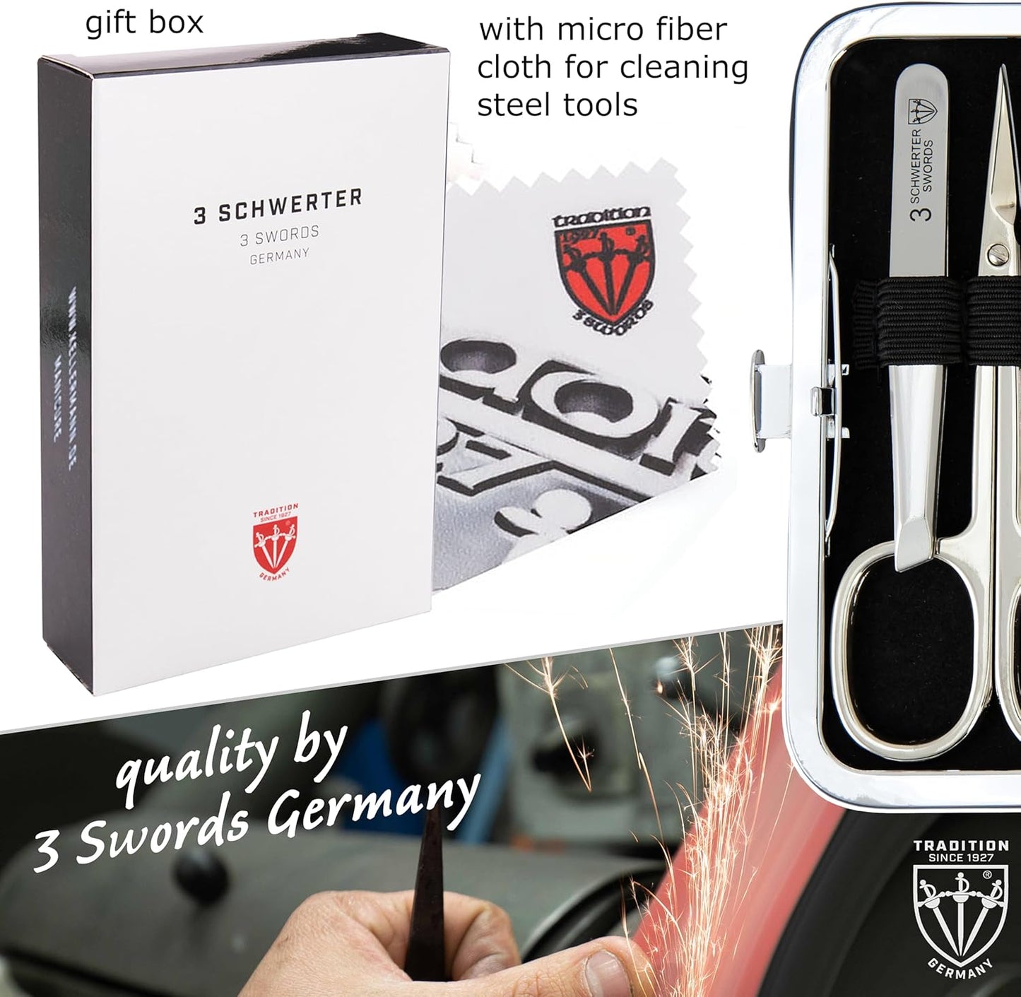 3 Swords Germany - Brand Quality 6 Piece Manicure Pedicure Grooming kit Set - Scissors, Metal and Glass Nail File, Clipper, Tweezers with Synthetic Leather case - Brown II