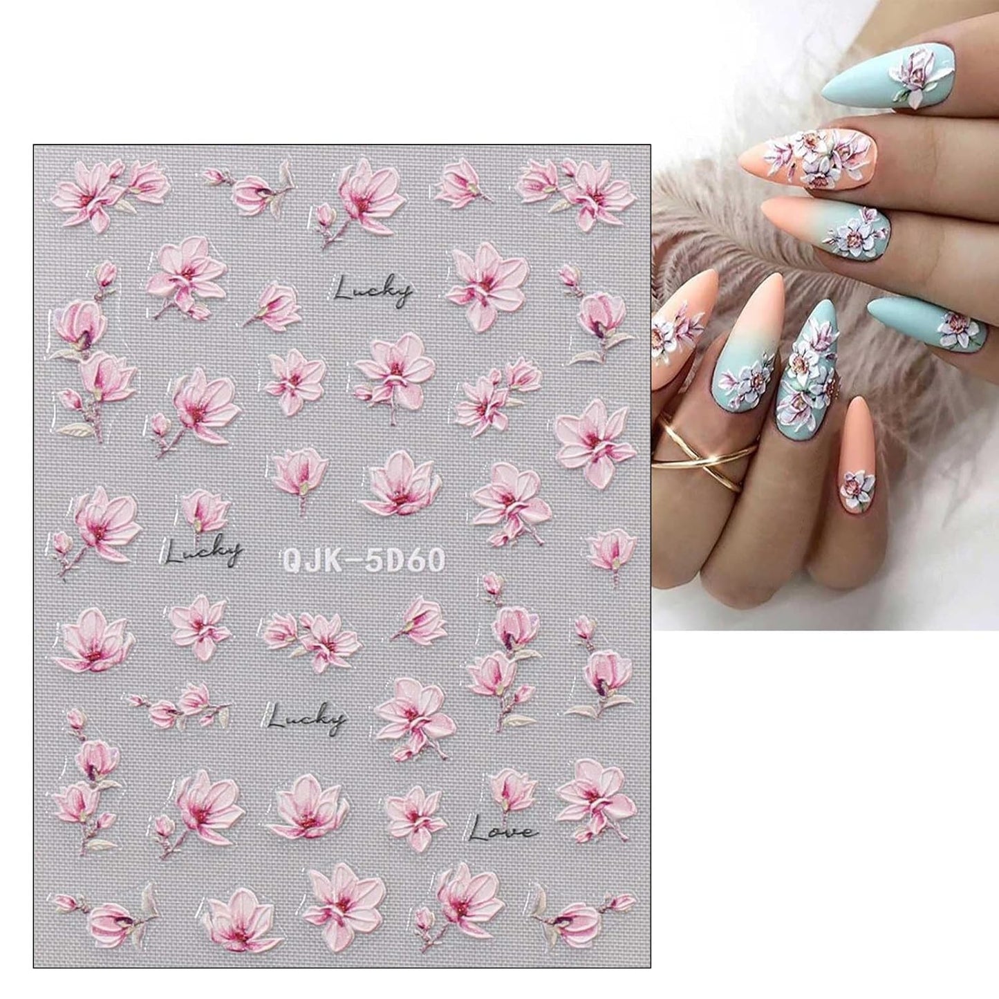 JMEOWIO 6 Sheets 3D Embossed Spring Flower Nail Art Stickers Decals Self-Adhesive Pegatinas Uñas 5D Colorful Summer Floral Lavender Nail Supplies Nail Art Design Decoration Accessories