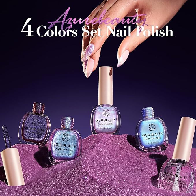 AZUREBEAUTY Holographic Nail Polish Set: 4 Colors Quick Dry Purple Pink Chameleon Fall Winter Natural Fingernail with Top Coat DIY Salon Gift for Women