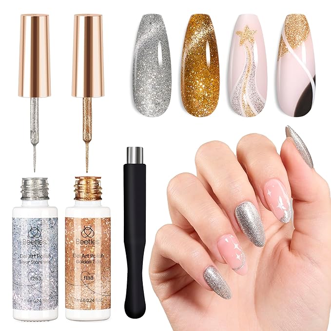 Beetles Nail Art Polish- 2 Colors Cat Eye Liner Gel Polish Gold Sliver Glitter Gel Nail polish Soak Off UV Built Thin Nail Brush in Bottle Gifts for Women