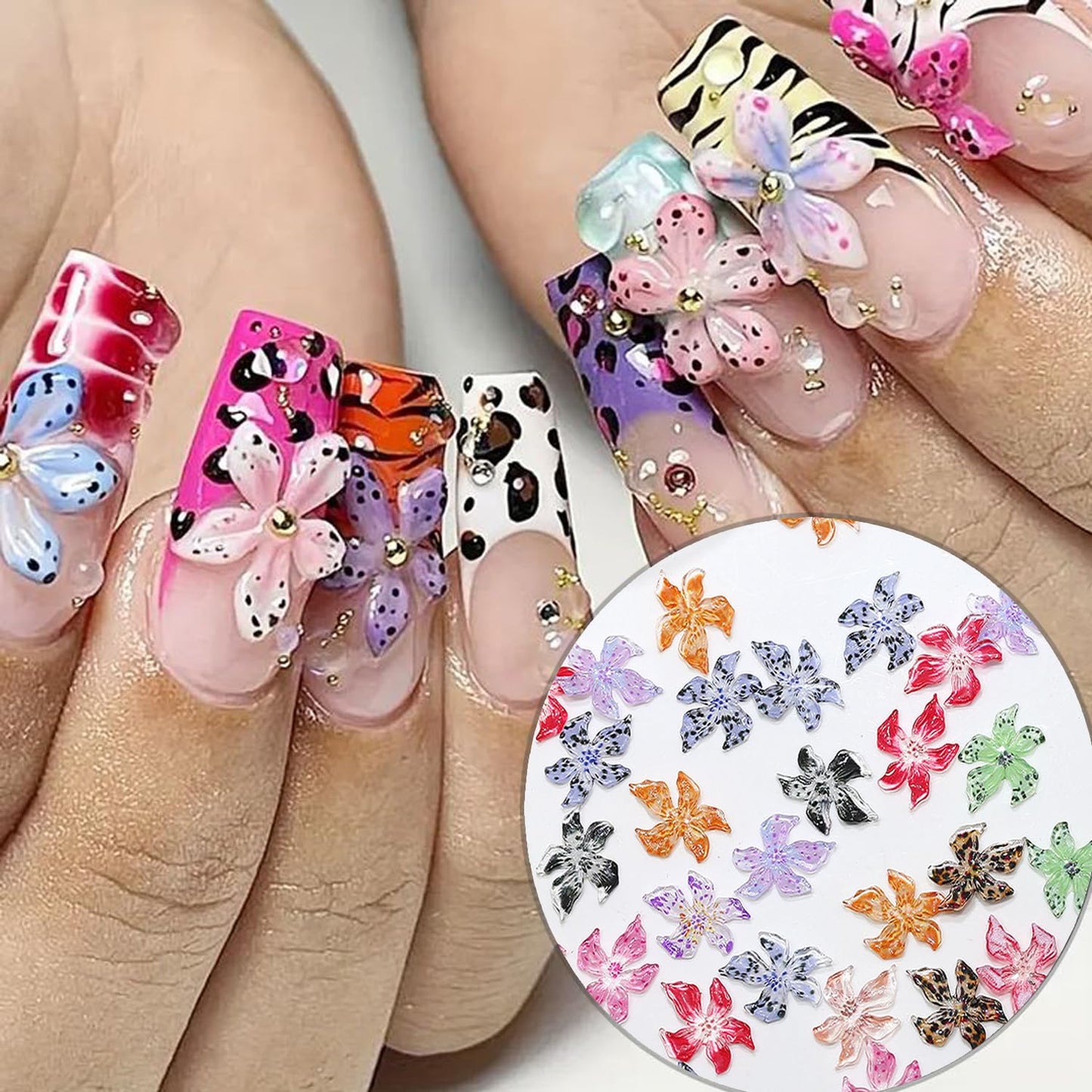 50Pcs 3D Flowers Nail Charm for Nails Flower Resin Nail Rhinestones Spring Hibiscus Floral Nail Art Charm for Acrylic Nails Mixed Colorful Ice Lily Nail Gems Jewelry DIY Summer Manicure Decor Crafts