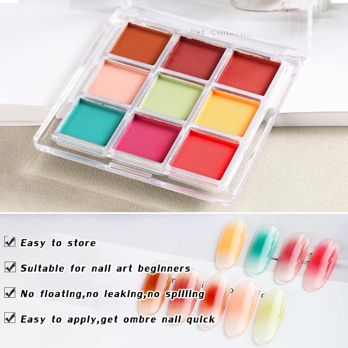Nail Powder Pigment Palette - 9 Colors Ombre & Gradient Nail Art Design - Includes 5 Sponge Sticks & 1 Brush - DIY Manicure Kit for Beginners