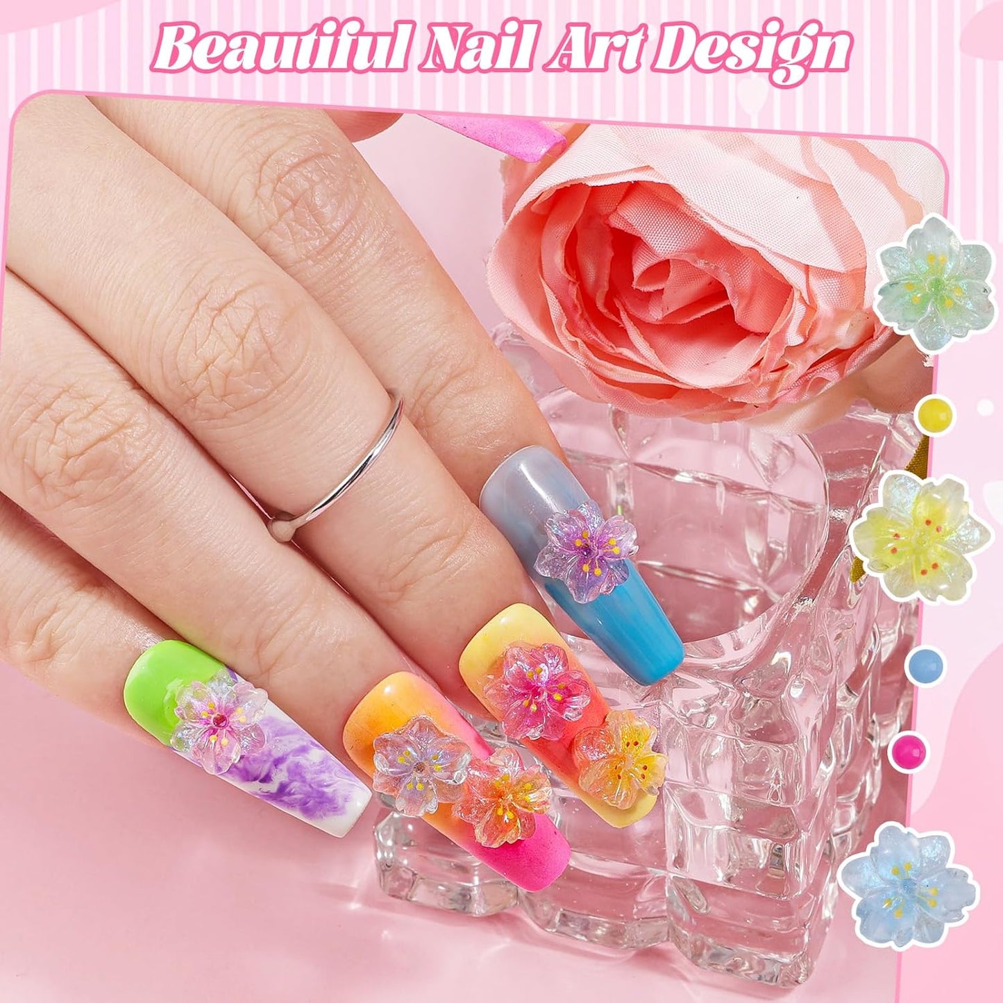 300Pcs Flower Nail Charms Kit, 100Pcs 3D Resin Cherry Nail Charms and 100Pcs Pearls with 100Pcs Macaron Beads, Colorful Hibiscus Floral Tiny Gems Round Beads for Women Manicure Craft DIY