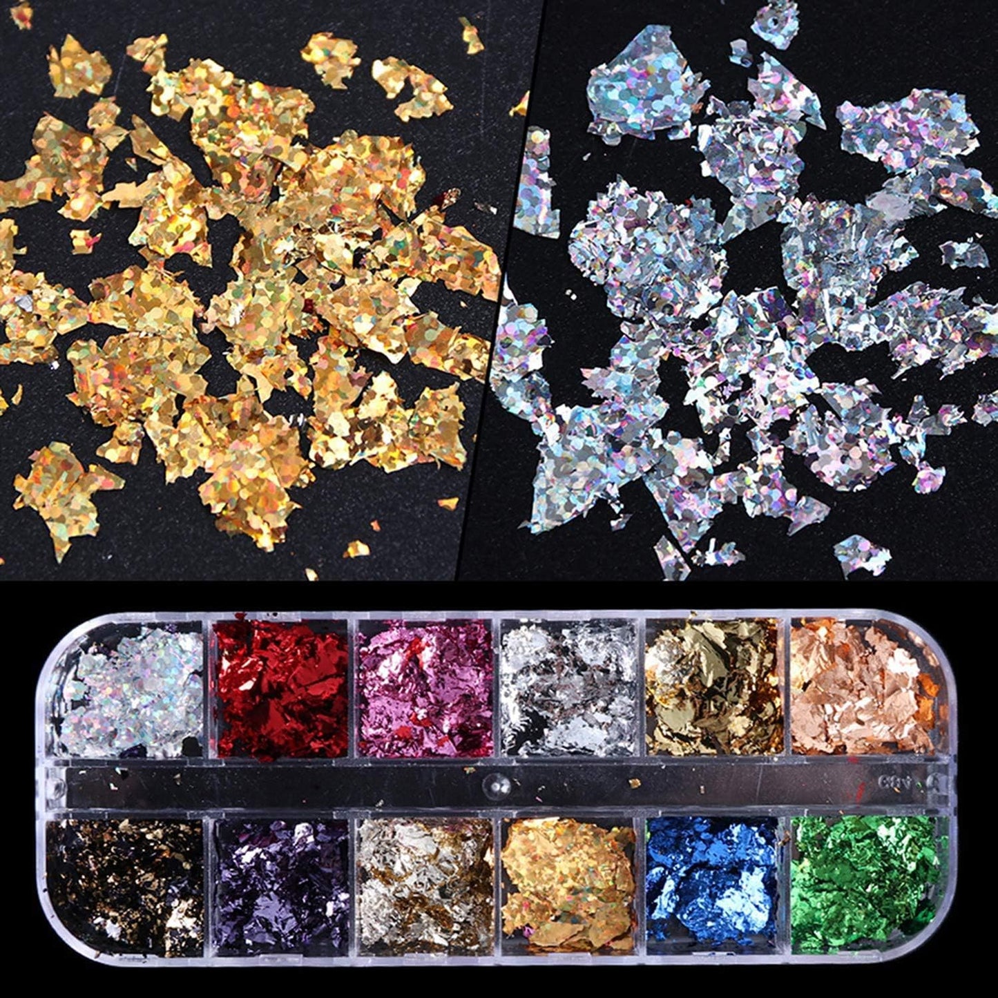 12 Colors Holographic Glitter Foils Laser Sequins Ultra-Thin Film for Nail Designs Acrylic Supplies Manicure Tips Charm Decorations DIY Shiny Art Stickers for Women Girls