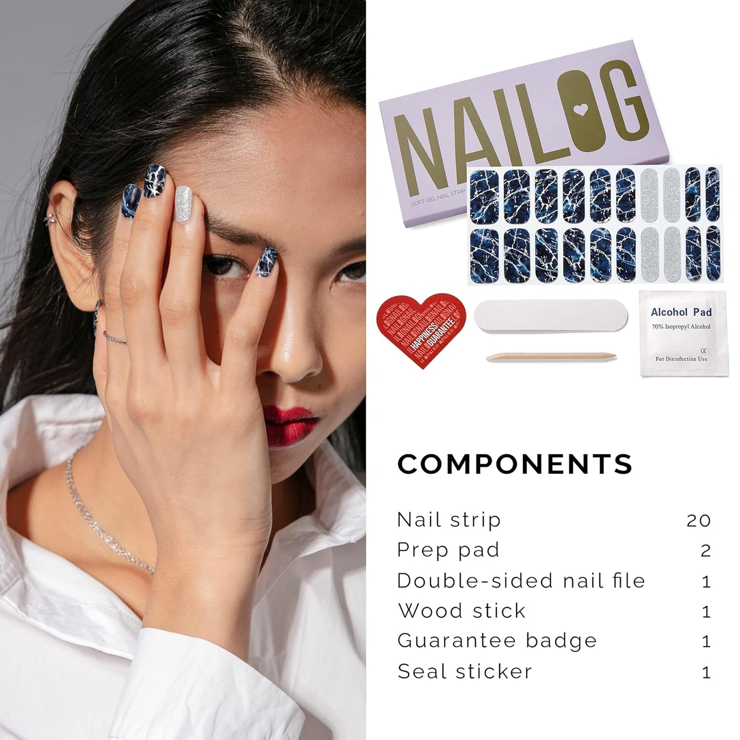 NAILOG Semi Cured Gel Nail Strips (20 Extra Long Polish Stickers/Wraps) │ Glossy & Long Lasting Soft Gel Finishing (Stormy Night)