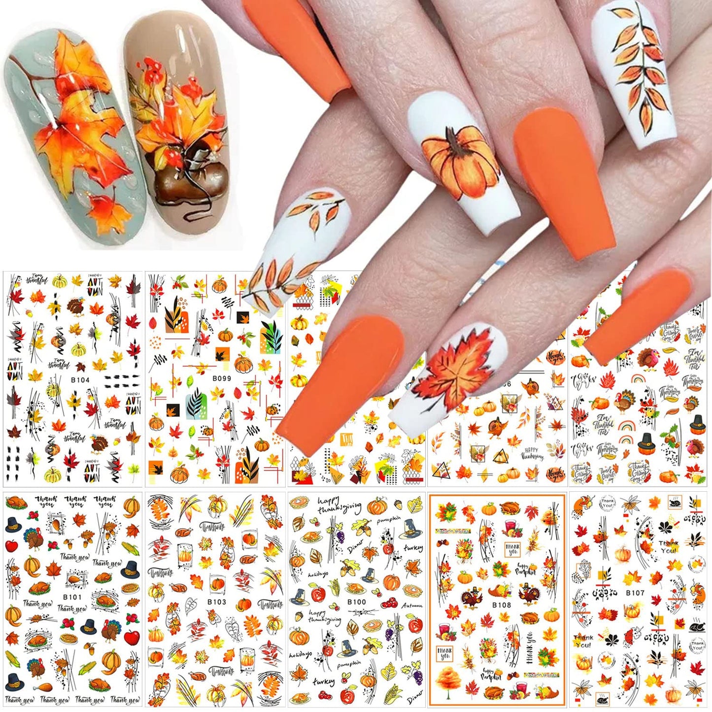 Fall Nail Art Stickers - 10 Sheets Maple Leaf Nail Art Supplies - 3D Self-Adhesive Nail Decals Autumn Thanksgiving Maple Leaves Pumpkin Turkey Nail Sticker for Women Manicure Decoration