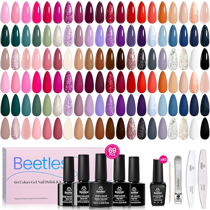 Beetles Gel Nail Polish Set - Transcendent Allure 60 Colors Winter Gel Polish Kit Orange Burgundy Red Green Brown Blue White Black Purple Glitter with Base Top Coat UV LED Needed DIY Gifts for Women