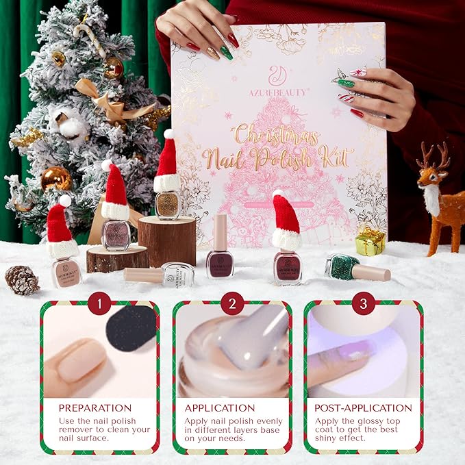 AZUREBEAUTY Christmas Nail Polish Set 6 Colors Glitter Red Green Quick Dry with Top Coat & Nail Polish Remover Long Lasting Sheer