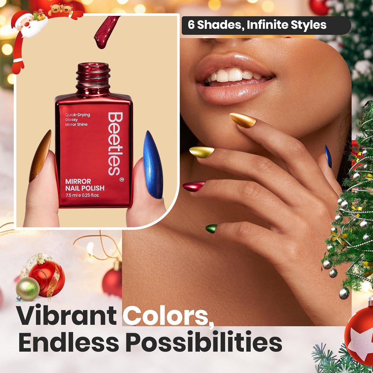 Beetles Chrome Mirror Nail Polish Set - Jingle Jewels 6 Colors Quick-Drying Glossy Metallic Nail Polish Shiny Chrome Effect Fingernail Polish DIY Nail Art Christmas Gift for Women Salon Home