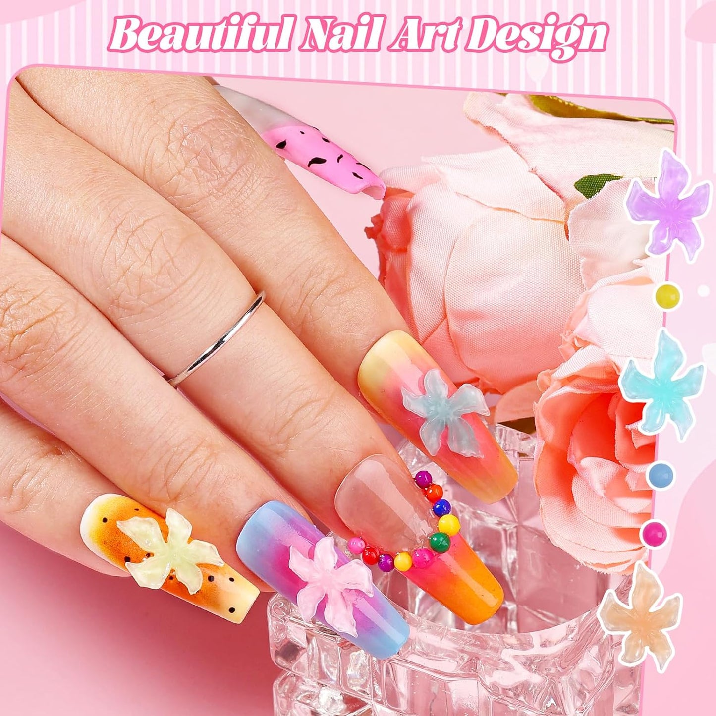 300Pcs Flower Nail Charms Kit, 100Pcs 3D Embossed Hawaii Floral Charms and 100Pcs Nail Pearls with 100Pcs Macaron Beads, Colorful Hibiscus Summer Flowers Mini Gems Round Beads for Nails DIY