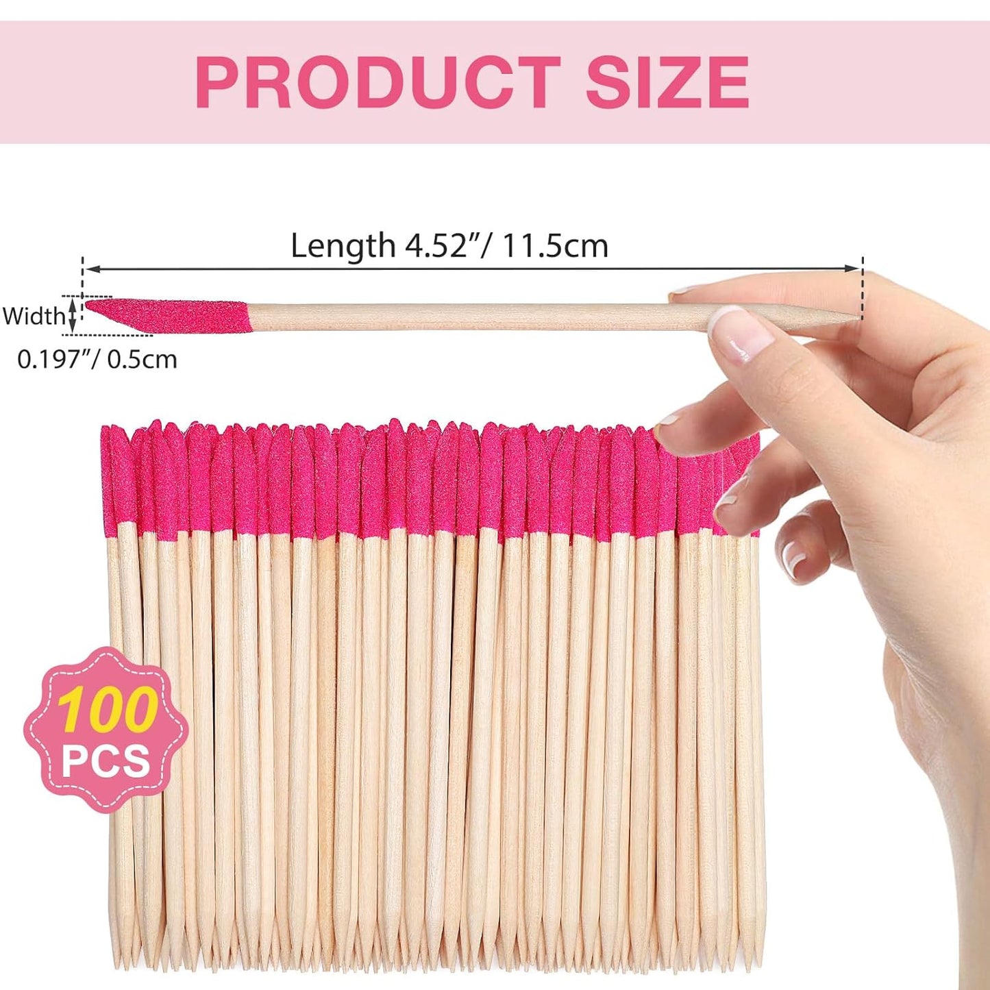 100PCS Disposable Sanding Sticks, Pumice Stone Cuticle File Remover Nail File Buffer, Double-Headed Manicure Sticks Wood Nail Stick Pusher Sanding Tools for Home Salon Mani-Pedi, Pink