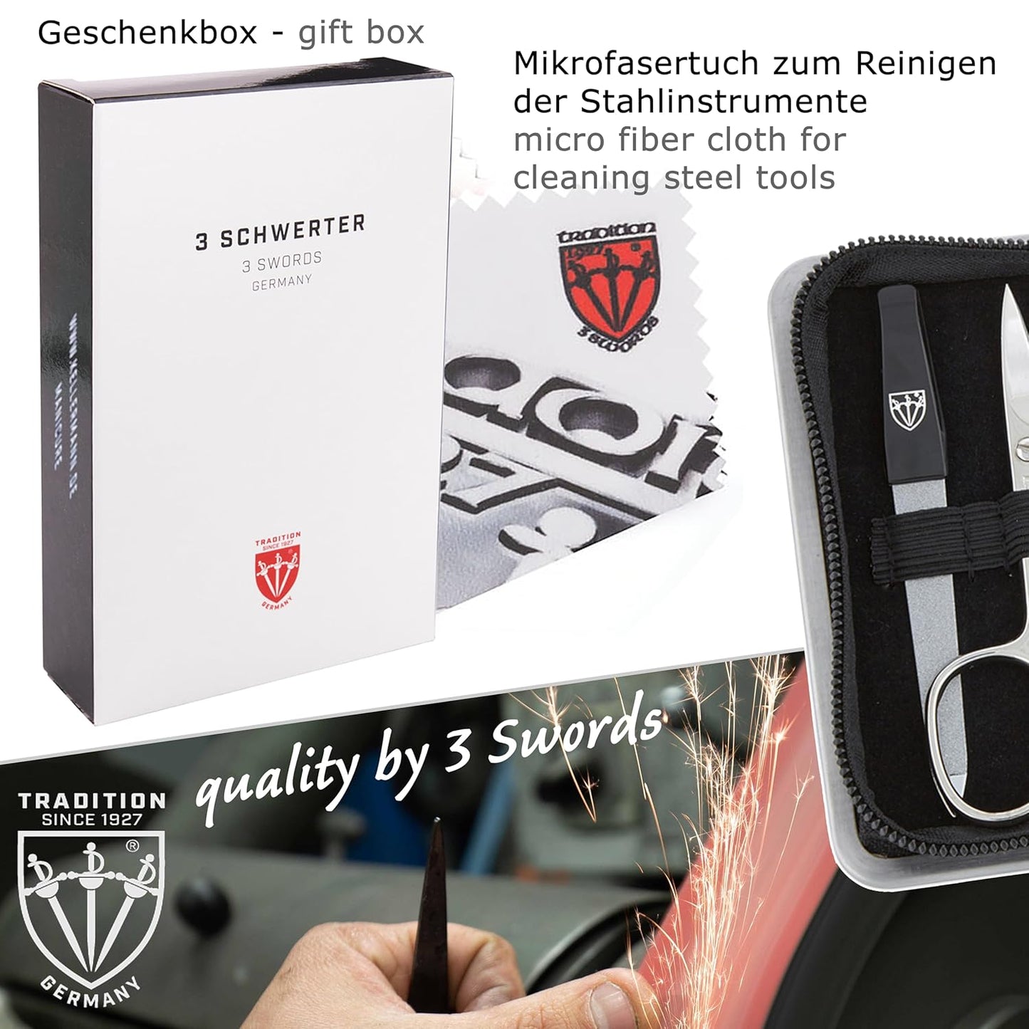 3 Swords Germany - brand quality 6 piece manicure pedicure kit set for professional finger & toe nail care with synthetic leather case - Made in Germany - brown