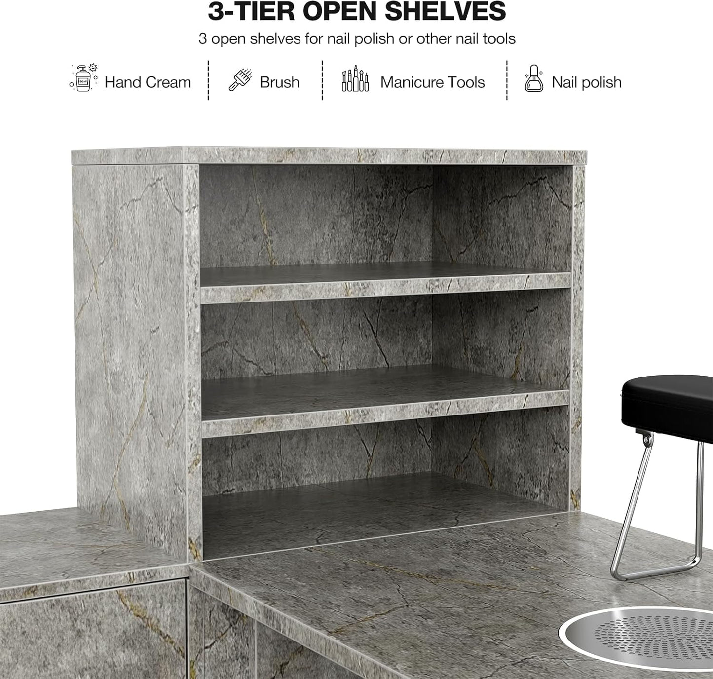 Manicure Table with Shelves, L-Shaped Nail Table Station Marbling Texture w/Electric Downdraft Vent, Foldable Nail Arm Rest, Storage Cabinets, Drawers, Metal Handles & Legs for Nail Tech(Grey)
