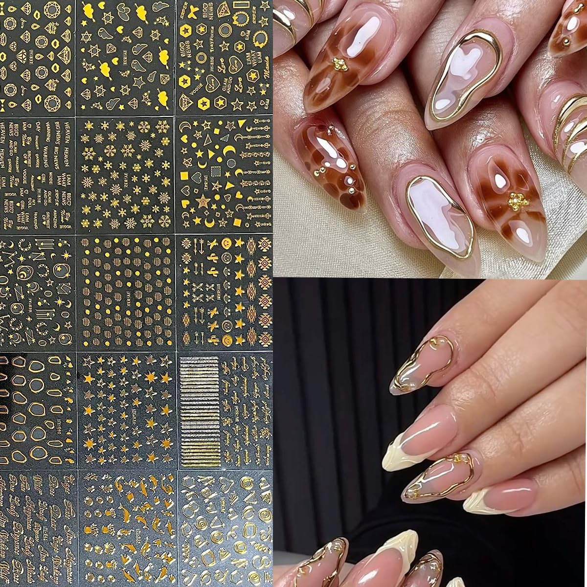 30 Sheets Gold Nail Art Stickers 3D Self-Adhesive Gold Line Nail Stickers Star Moon Heart Nail Design Sticker Lrregular Lines Nail Decals Acrylic Nail Art Supplies for Women