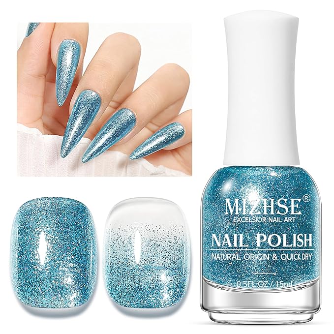 MIZHSE Quick Dry Glitter Blue Nail Polish, Fast Drying Nail Polish, 15ml High Glossy Sparkly Shiny Shimmer Nail Lacquer Nail Art Salon Manicure Home