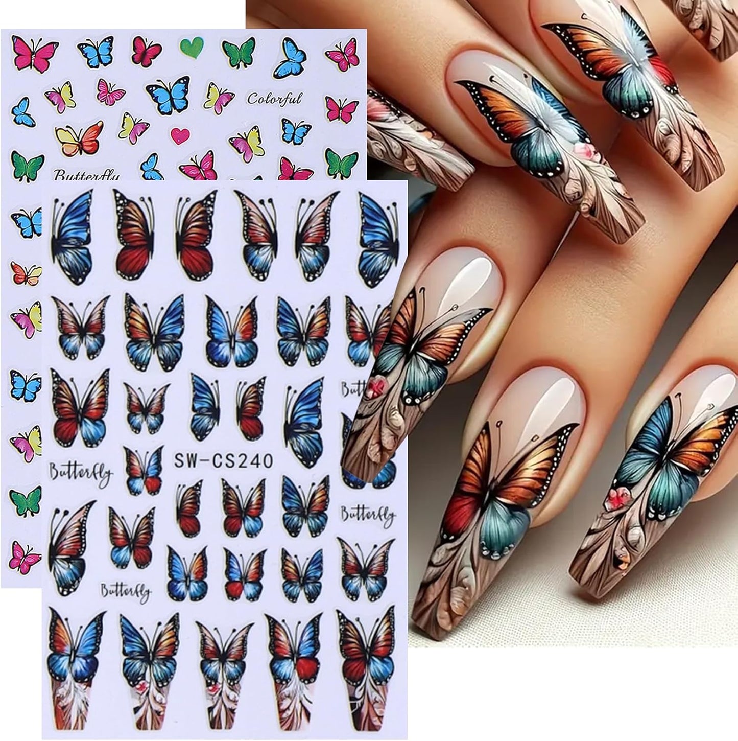 Tropical Nail Art Stickers Decals 14 PCS 3D Blue Flower Jellyfish Nail Art Designs Hibiscus Butterfly Geometry Stickers Colorful Charms Nails Supplies Self Adhesive Summer Manicure Decor
