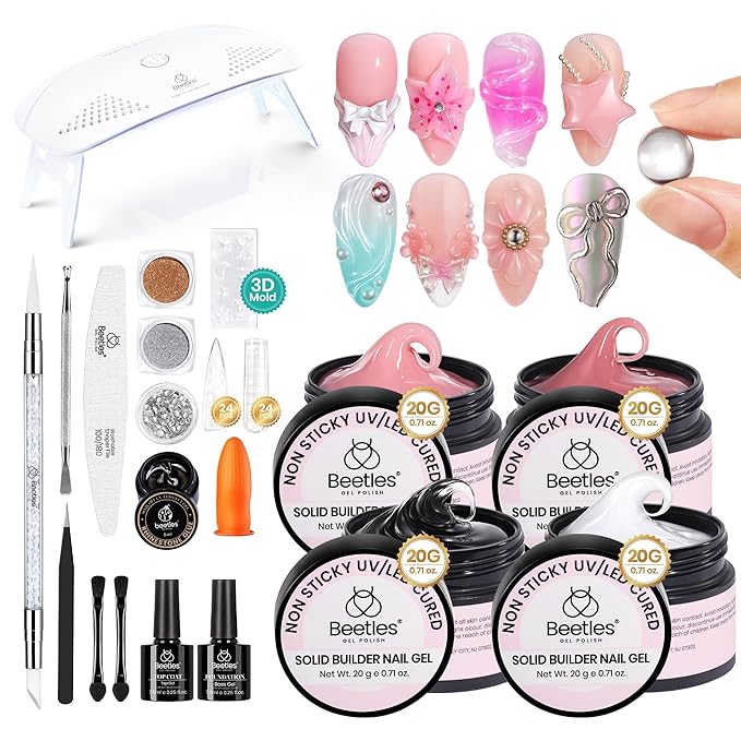 Beetles Solid Builder Gel for Nails, 20g *4 Colors Clear Pink White 3D Sculpting Gel Non-Sticky Hand Carving Nail Glue for 3D Nail Art with 3D Mold Chrome Nail Powder Tools Salon DIY at Home