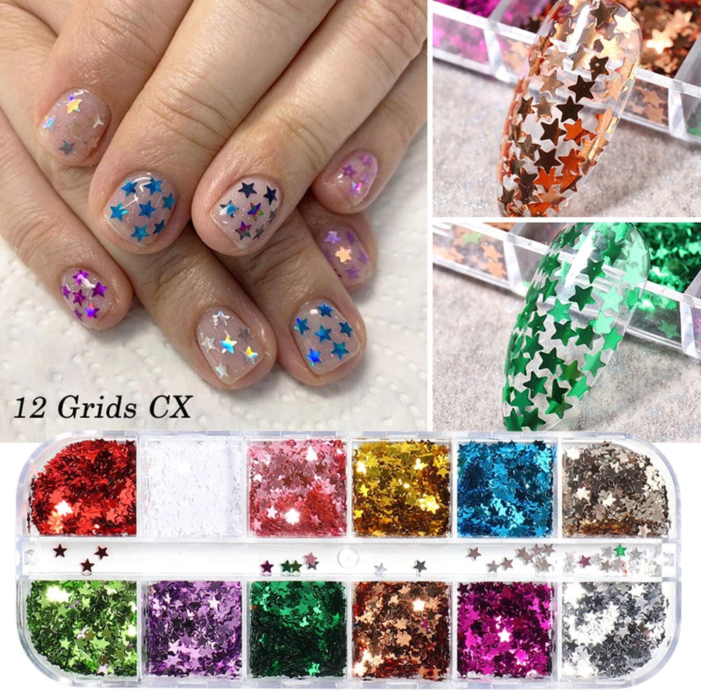 12 Colors Stars Nail Art Stickers Star Nail Glitter Sequins 3D Nail Art Decor Holographic Stars Shape Flakes Nail Design for Women Manicure Tips DIY Nail Charms Decorations Acrylic Nails Supply Kit