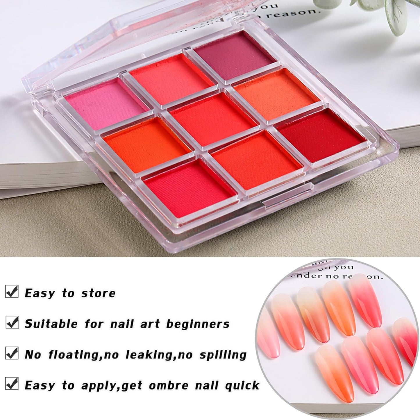 Nail Pigment Palette - Gradient Red Ombre Color Nails Powder - Fine Solid Neon Nail Art Pigment for DIY Design Manicure Beginners - Includes 5 Sponge Sticks, 1 Brush