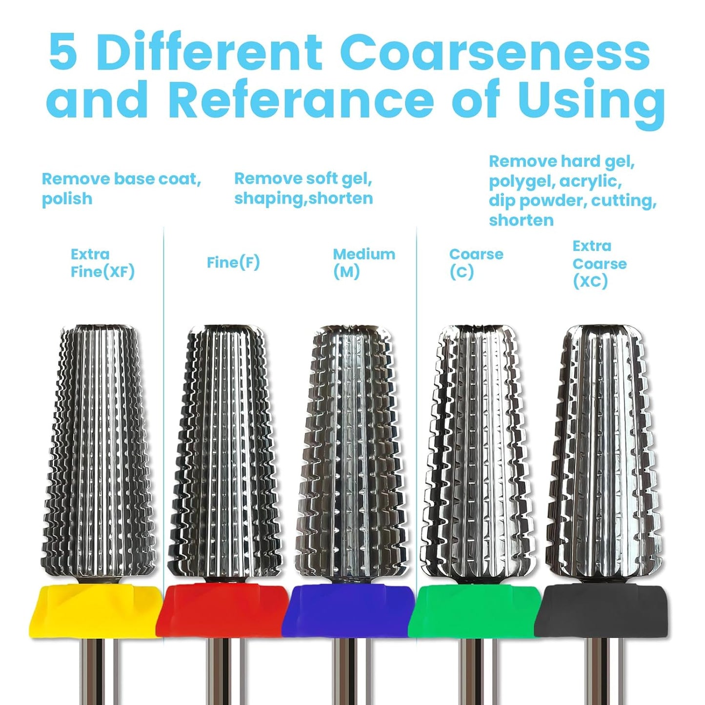 5 in 1 Nail Drill Bits, Straight Cut 3/32'' Professional Tungsten Carbide Bits, Two-way Rotation Easy for Left Hand, Hard Soft Gel Removal Fast Manicure Polishing, Coarse