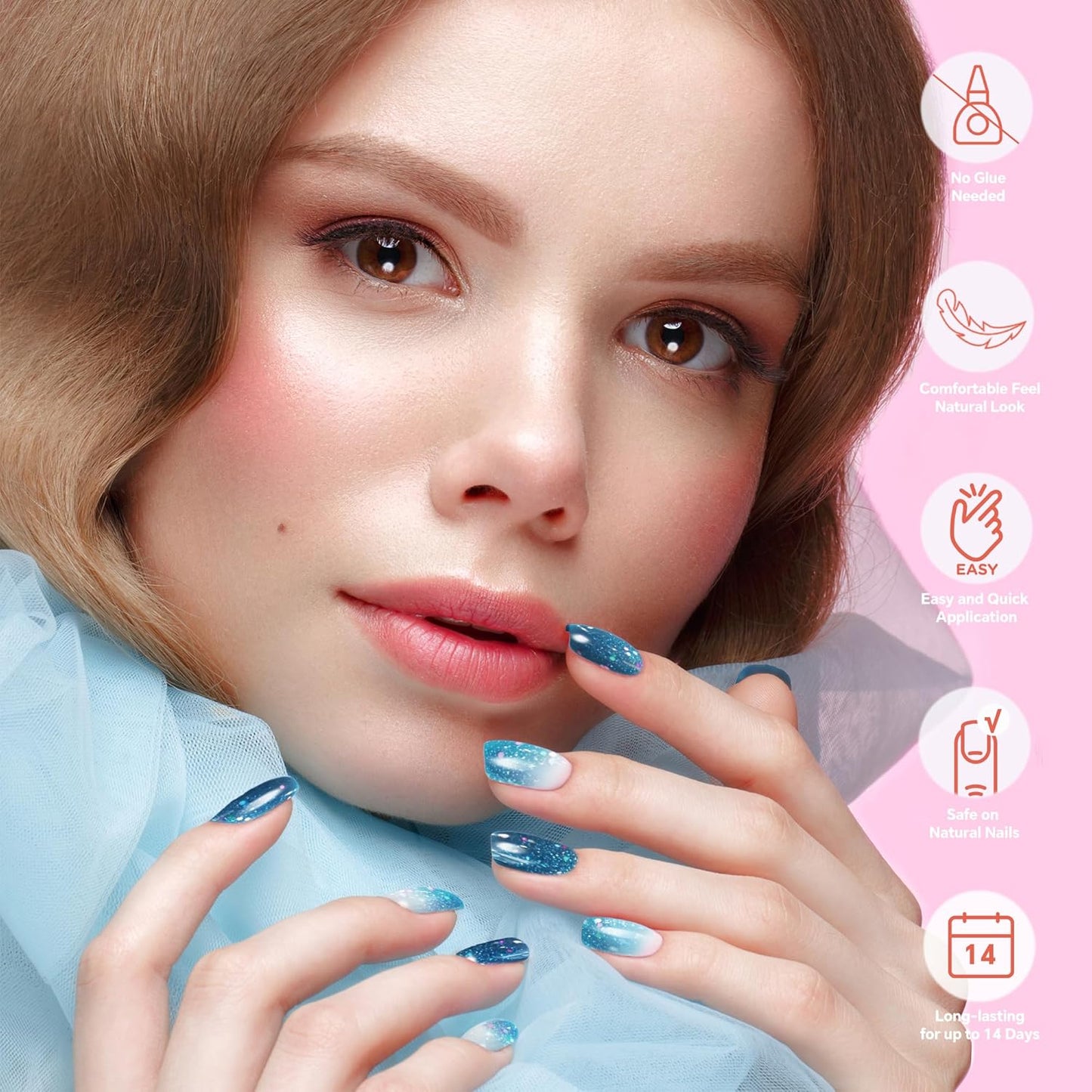 Semi Cured Gel Nail Strips-Mirror Shine Semi-Gel Stickers,Party & Festival Nail Wraps,Glow Under Sunlight,No Damage,Works with Any UV/LED Lamps(Waterbomb)