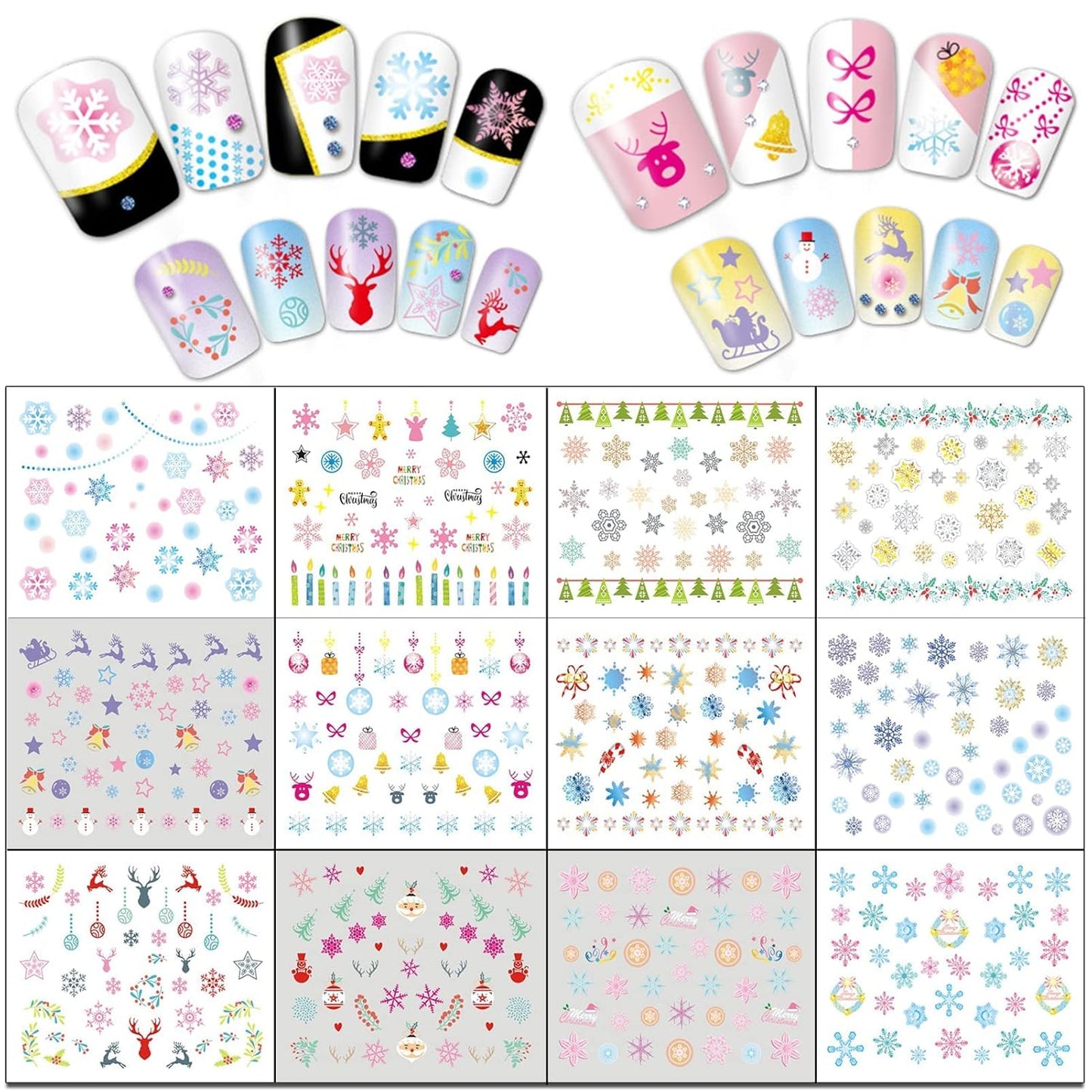 TailaiMei 60 Sheets Christmas Nail Stickers, Water Transfer Decals, Winter Full Nail Wraps Nail Art Decorations, Design for Santa Claus Snowflake Snowman (1028 Pcs)
