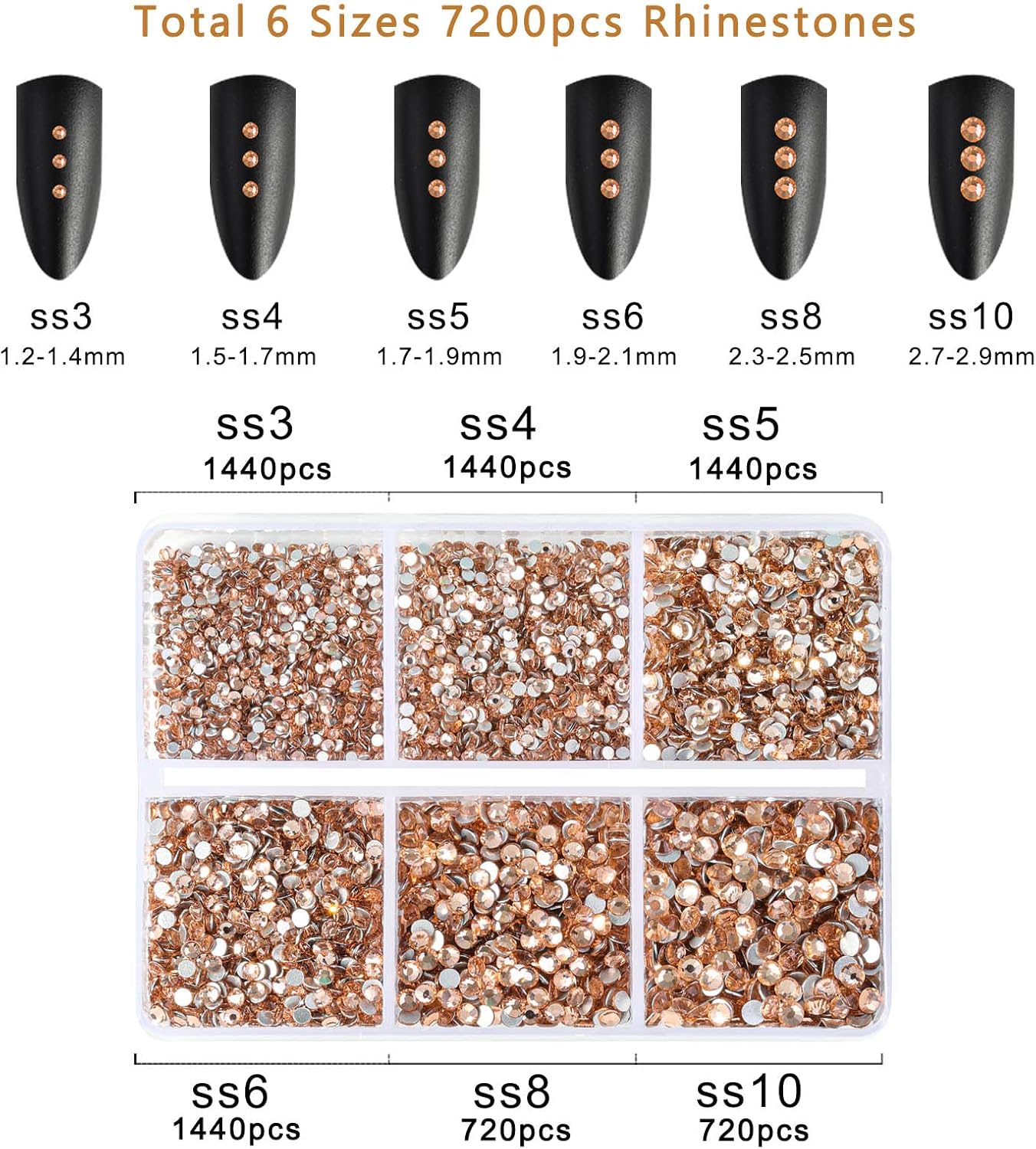 Beadsland 7200pcs Flatback Rhinestones,Champagne Rhinestone Nail Gems Round Crystal Rhinestones for Crafts,Mixed 6 Sizes with Wax Pencil Kit, SS3-SS10,Light Peach