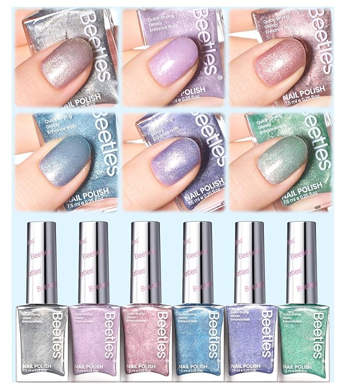 Beetles Glitter Nail Polish Set 6 Colors Glitter Fairy Gleam Quick Dry Nail Polish Shimmer Pink White Green Blue Purple Nail Lacquer Kit Fingernail Polish Diy Nail Art Gift For Women Girls