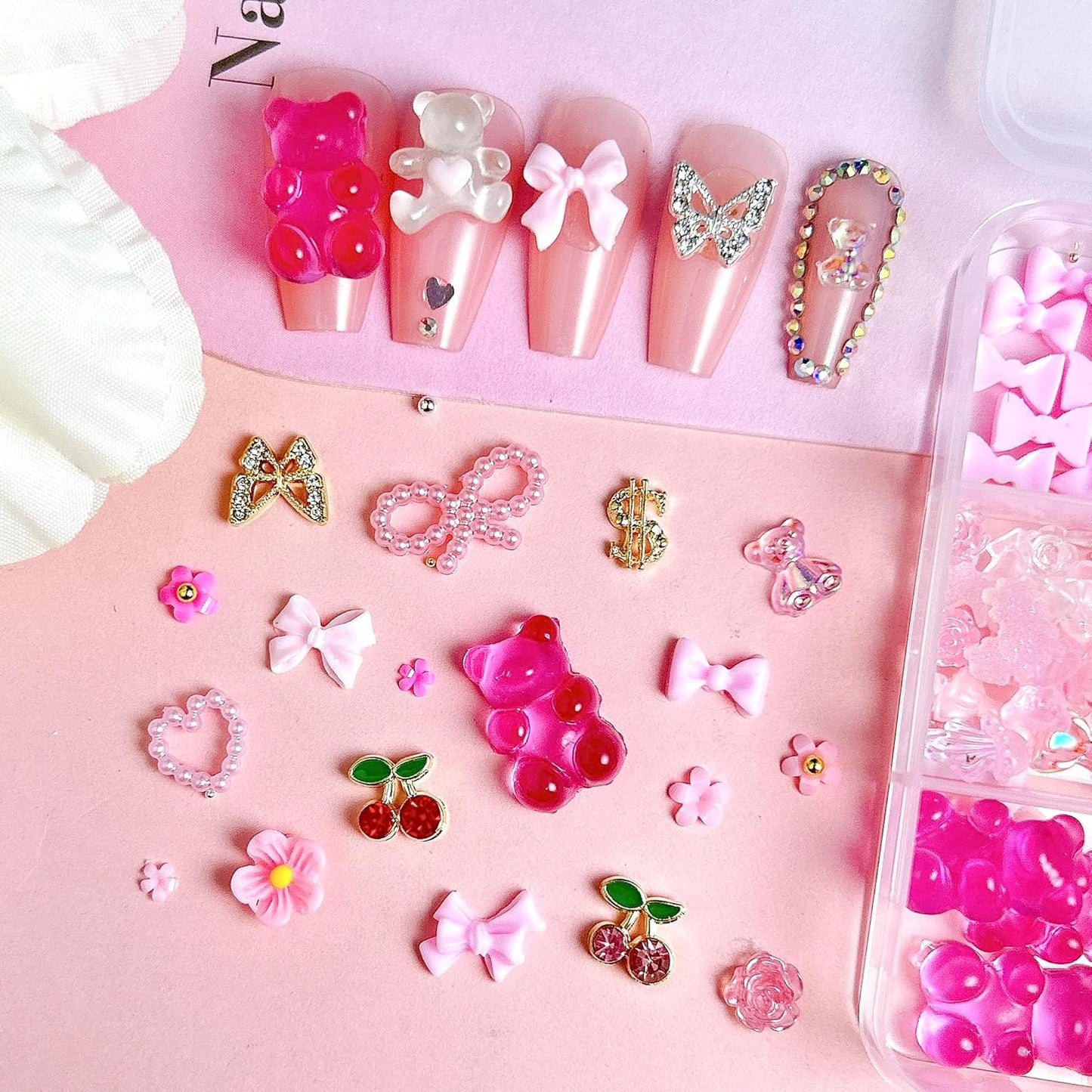 3D Pink Flower Nail Charms Y2K, Cute Resin Bear Star Heart Bow Nail Art, Gold Silver Butterfly Cherry Charms Nail Design for Women Nail Art Accessories Manicure DIY Crafts