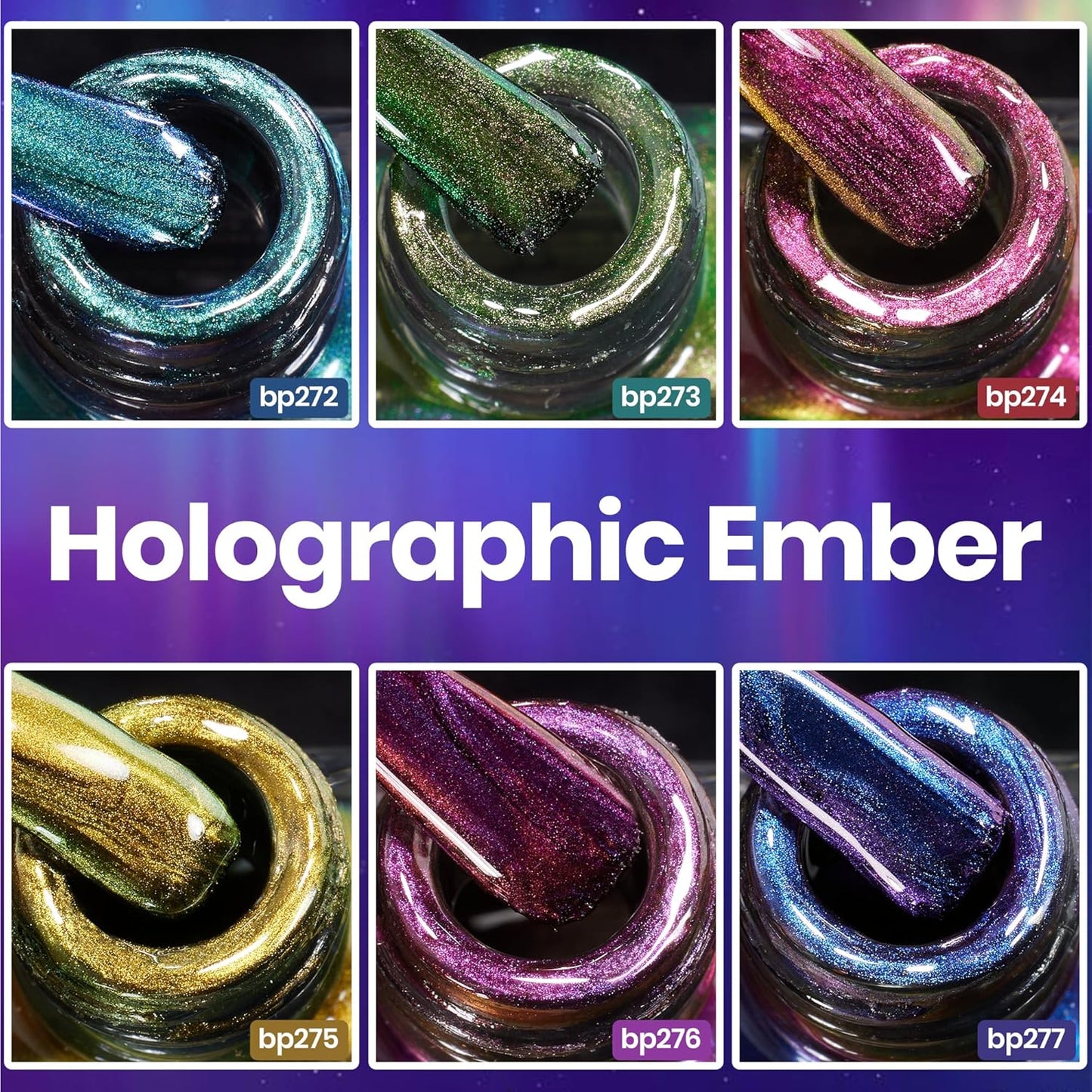 Beetles Chrome Nail Polish Set - Chameleon Holographic Ember 6 Colors Quick Fast Dry Metallic Nail Polish Long Lasting DIY Fingernail Art Home Salon Christmas Gifts for Girls Women