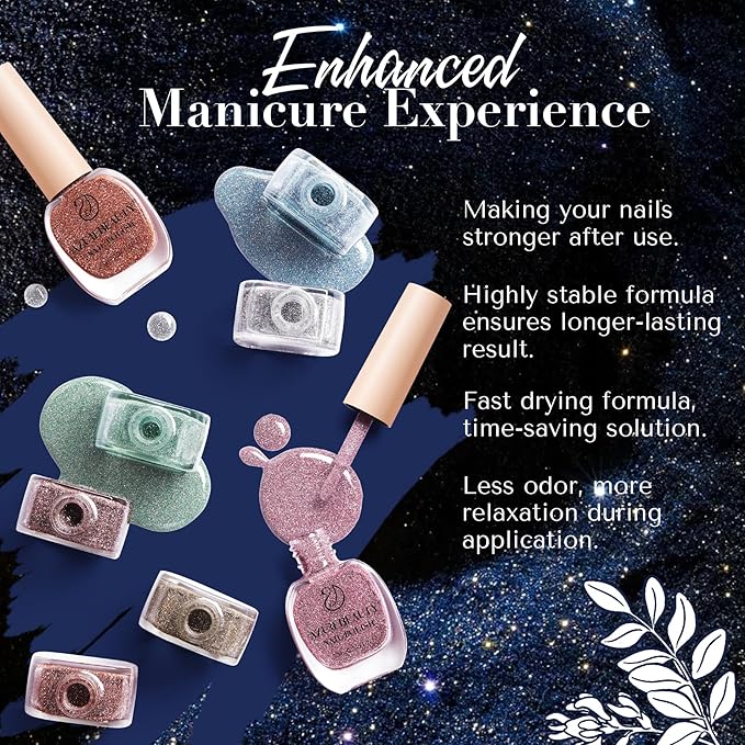AZUREBEAUTY Reflective Nail Polish Set, 8 Colors Glitter Sparkly Shiny Green Silver Pink Quick Dry Natural Nail Lacquer Strengthening Treatment DIY Manicure Nail Salon