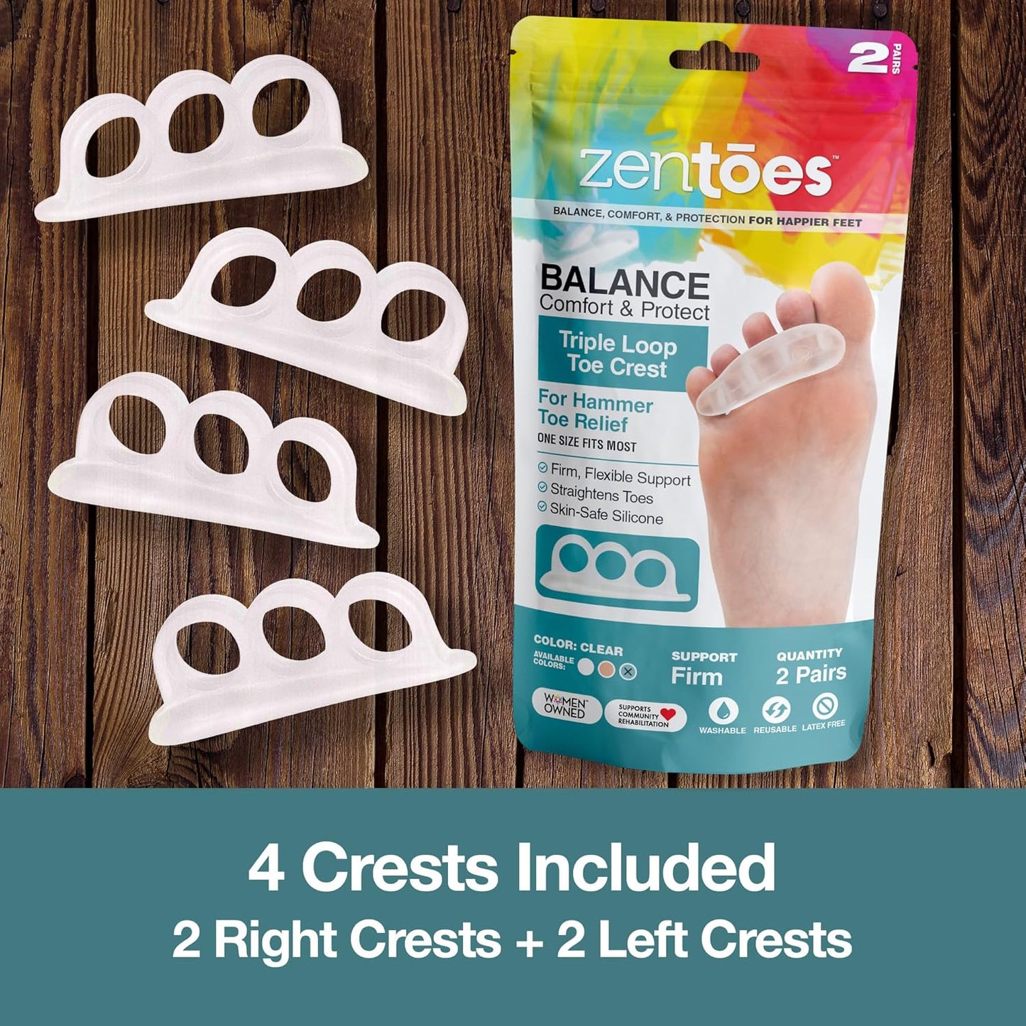ZenToes Hammer Toe Corrector for Women & Men | Triple Loop Gel Toe Spacers & Separators | Realign Bent, Crooked, Curled, Claw, Hammertoes | Firm Support for Straightening | 4 Pack, Clear