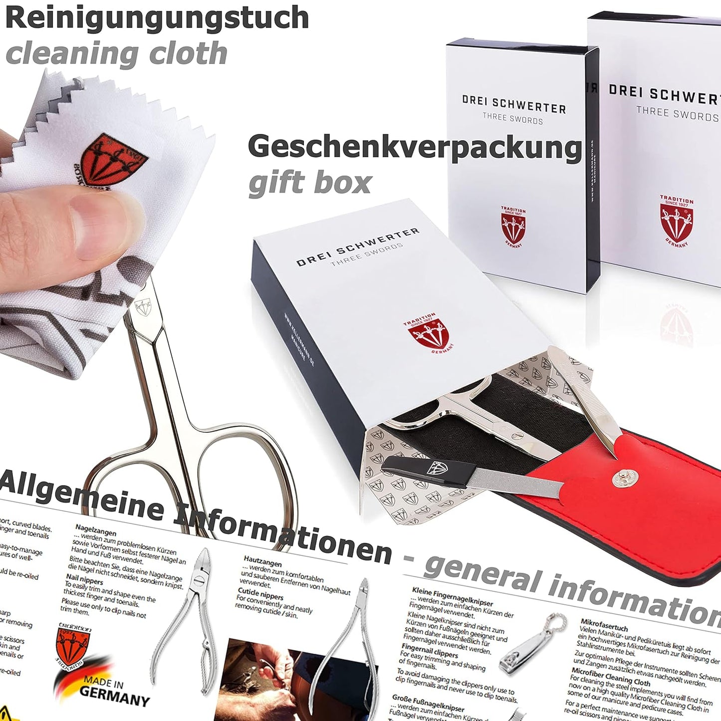 3 Swords Germany - brand quality 7 piece manicure pedicure grooming kit set for professional finger & toe nail care scissors clipper fashion leather case in gift box - Made in Germany