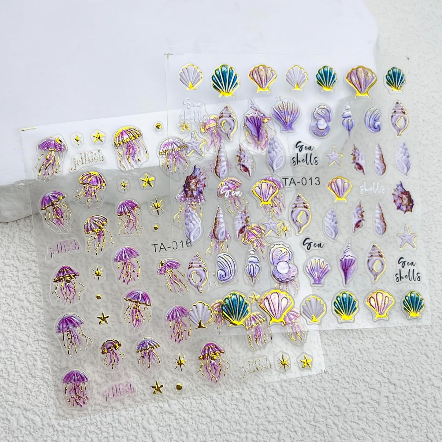 2 Sheets Summer Nail Art Stickers 5D Embossed Beach Shell Starfish Cute Dolphin Mermaid Pearl Jellyfish Designs Self Adhesive Nails Supplies Blue Summer Sea Theme Manicure Decorations for Women