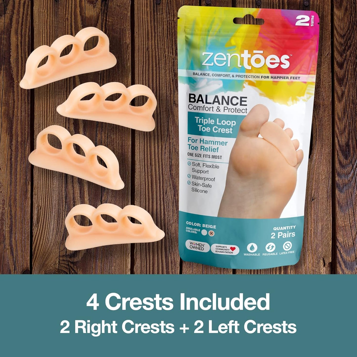 ZenToes Hammer Toe Corrector for Women & Men | Triple Loop Gel Toe Spacers & Separators | Realign Bent, Crooked, Curled, Claw, Hammertoes | Soft Support for Straightening | 4 Pack, Beige