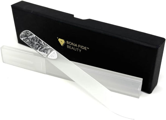 Bona Fide Beauty Czech Glass Nail File for Natural Nails (Floral Design), Giftable Box and New Travel Hardcase Included