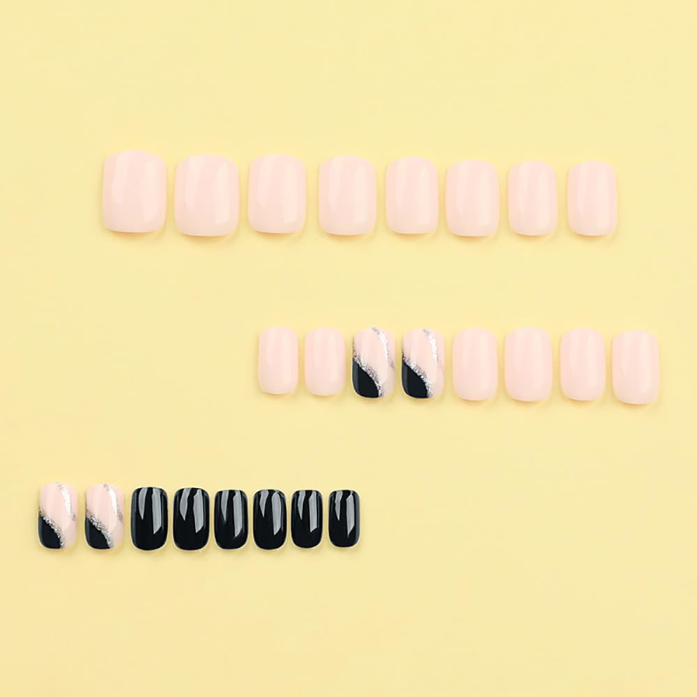 Press on Nails Short Square, Light Pink Fake Nails Kit with Obsidian Line Designs, Glossy Acrylic Press on Nails, Thick Reusable Glue on Nails Short Press on Nails for Women, Obsidian Line