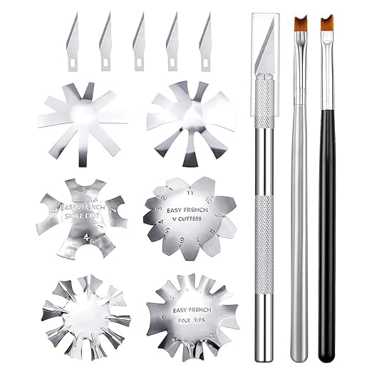French Tip Cutter Jaywayne French Nail,3pcs Edge Trimmer Easy Smile Line Acrylic V Cut Nail with 2pcs Brush, 1pcs Cutting Knife, 5 Spare Blades 10 Piece Set , Nail salon home DIY tools